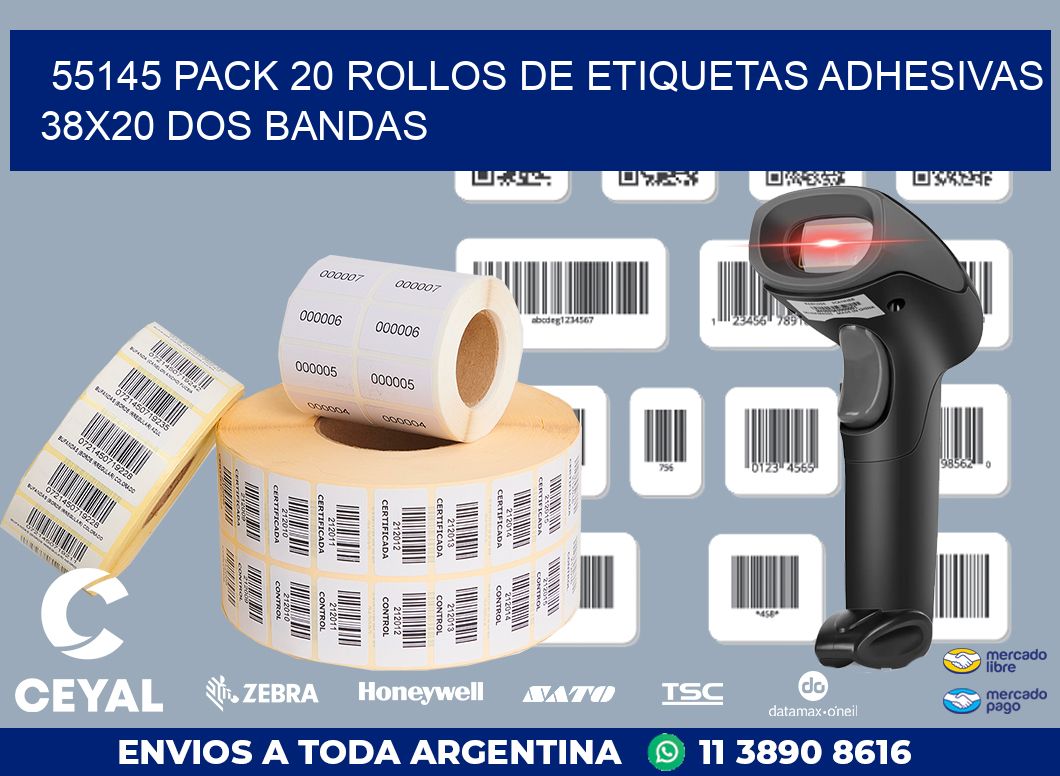55145 PACK 20 ROLLOS DE ETIQUETAS ADHESIVAS 38X20 DOS BANDAS