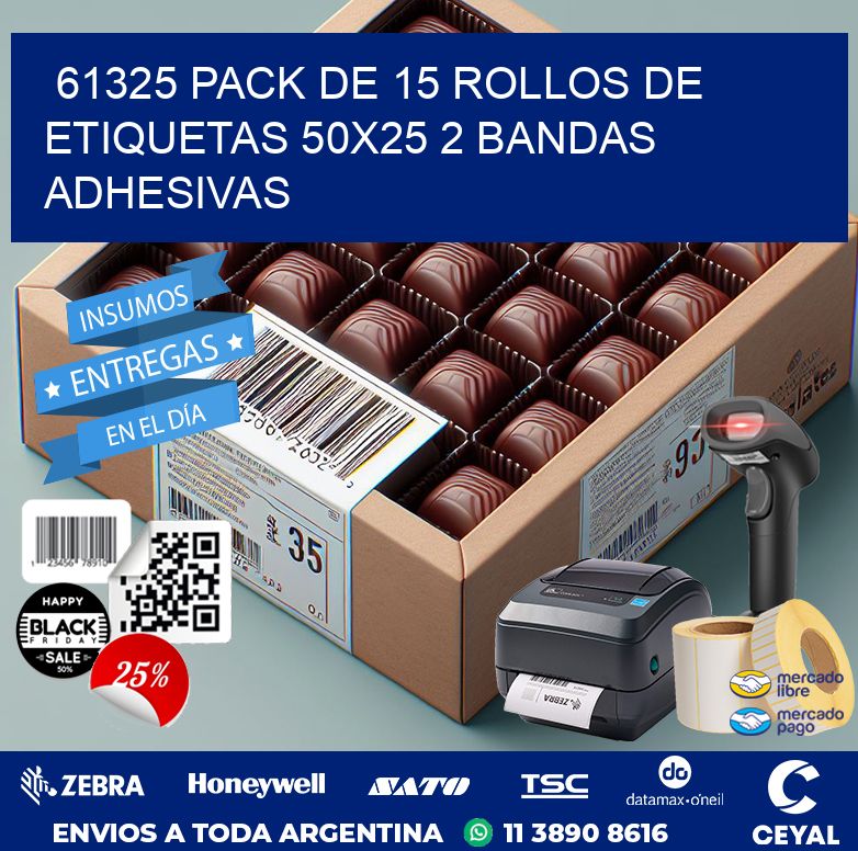 61325 PACK DE 15 ROLLOS DE ETIQUETAS 50X25 2 BANDAS ADHESIVAS