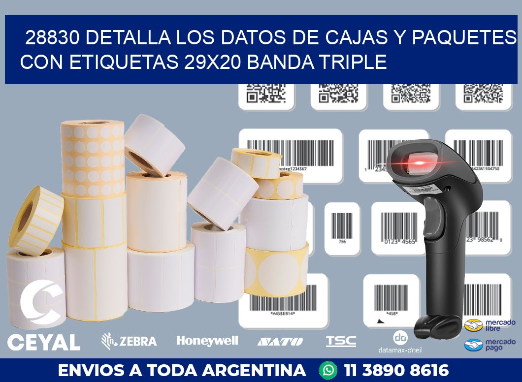 28830 DETALLA LOS DATOS DE CAJAS Y PAQUETES CON ETIQUETAS 29X20 BANDA TRIPLE
