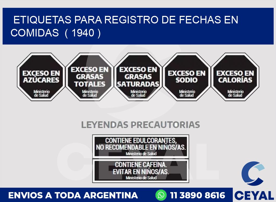 ETIQUETAS PARA REGISTRO DE FECHAS EN COMIDAS ( 1940 )