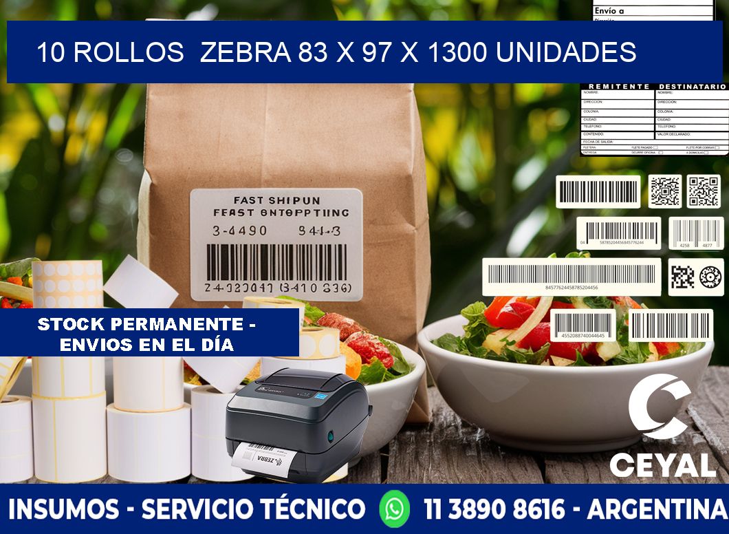 10 ROLLOS  ZEBRA 83 x 97 X 1300 UNIDADES