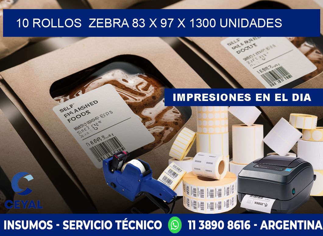 10 ROLLOS  ZEBRA 83 x 97 X 1300 UNIDADES