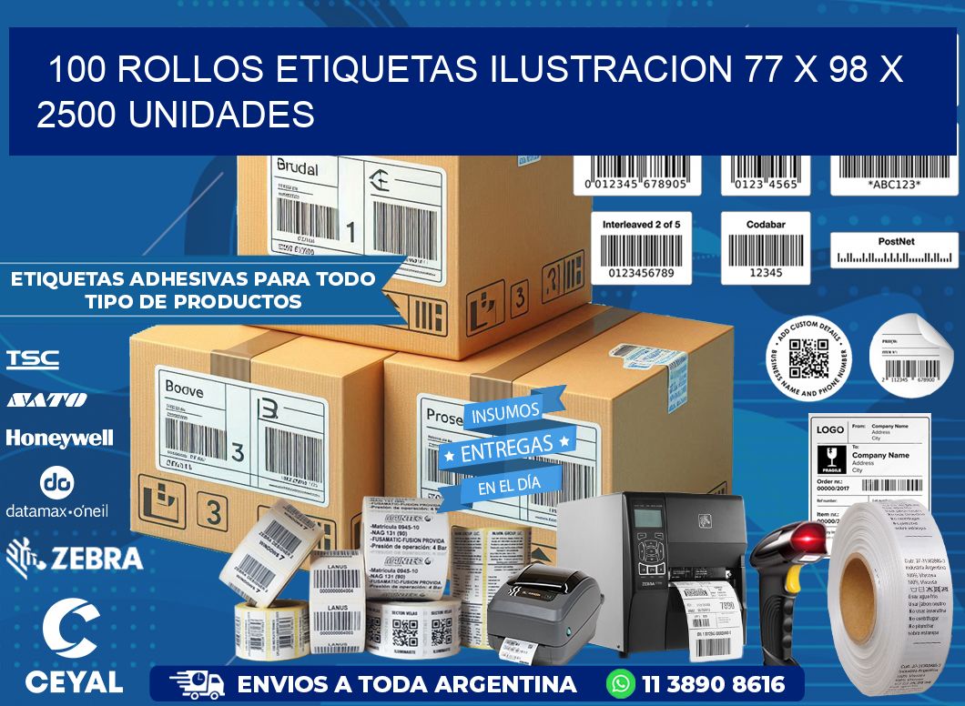 100 ROLLOS ETIQUETAS ILUSTRACION 77 x 98 X 2500 UNIDADES