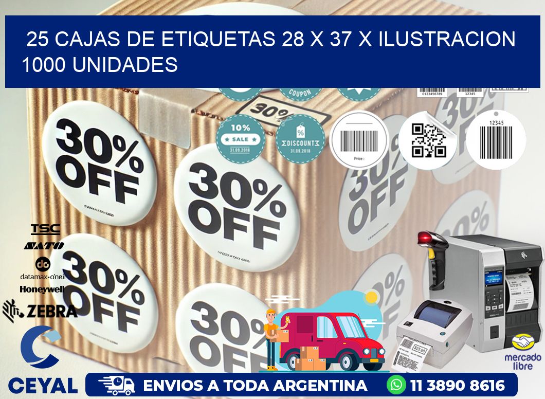 25 CAJAS DE ETIQUETAS 28 x 37 X ILUSTRACION 1000 UNIDADES