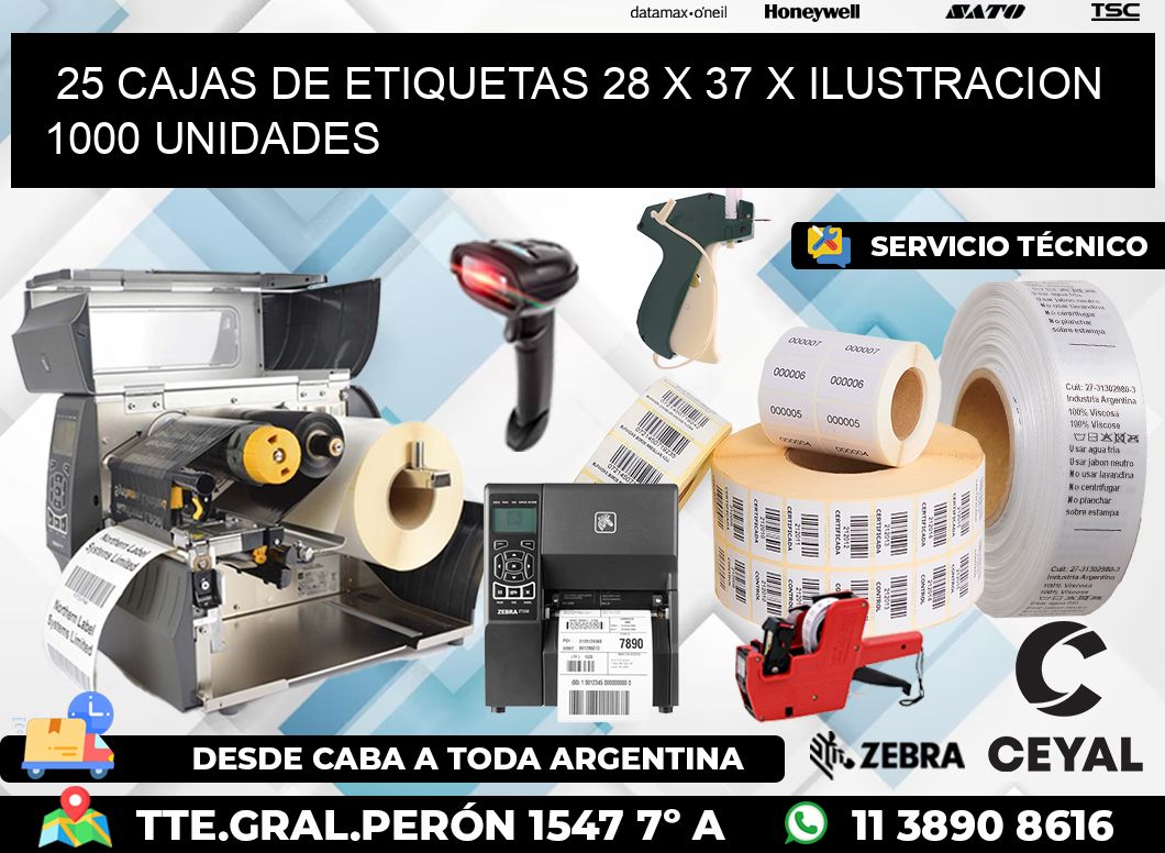 25 CAJAS DE ETIQUETAS 28 x 37 X ILUSTRACION 1000 UNIDADES