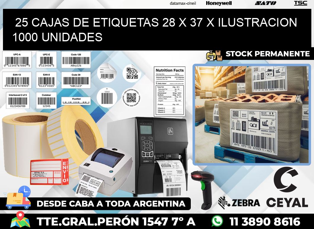 25 CAJAS DE ETIQUETAS 28 x 37 X ILUSTRACION 1000 UNIDADES