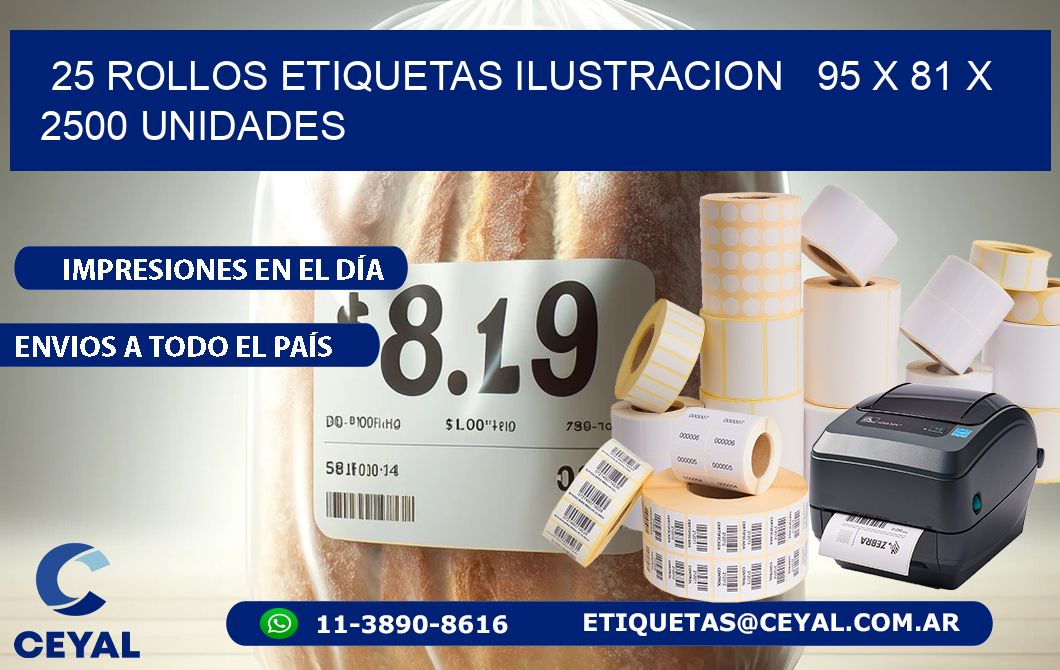 25 ROLLOS ETIQUETAS ILUSTRACION   95 x 81 X 2500 UNIDADES