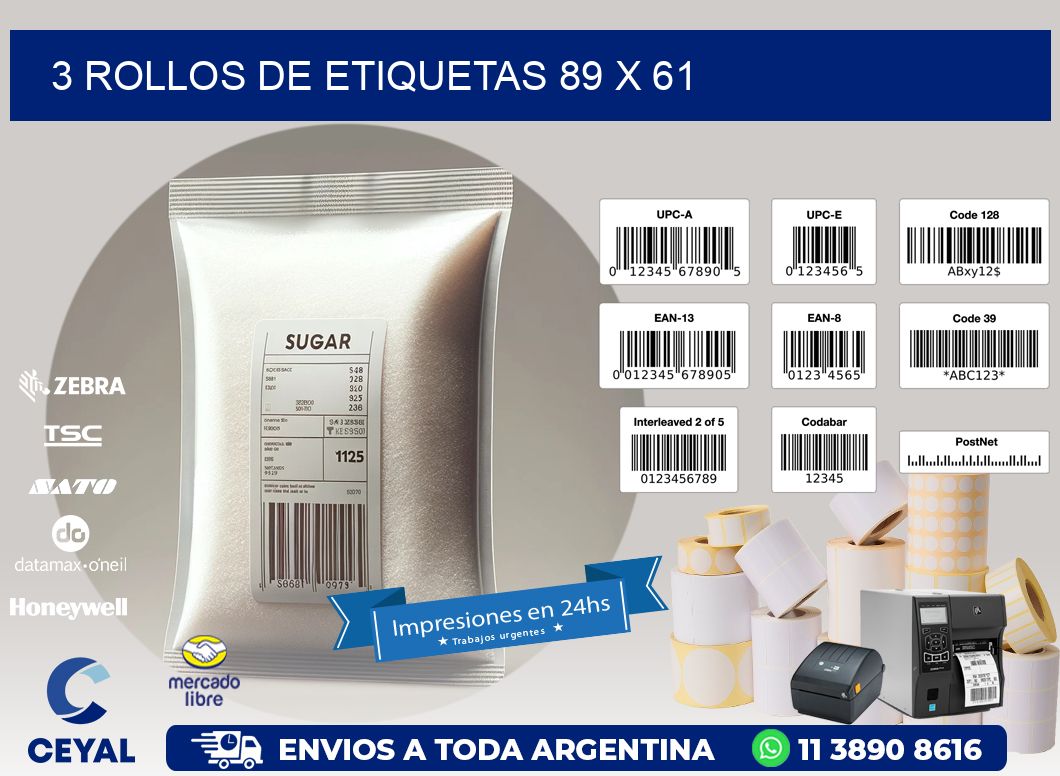 3 ROLLOS DE ETIQUETAS 89 x 61