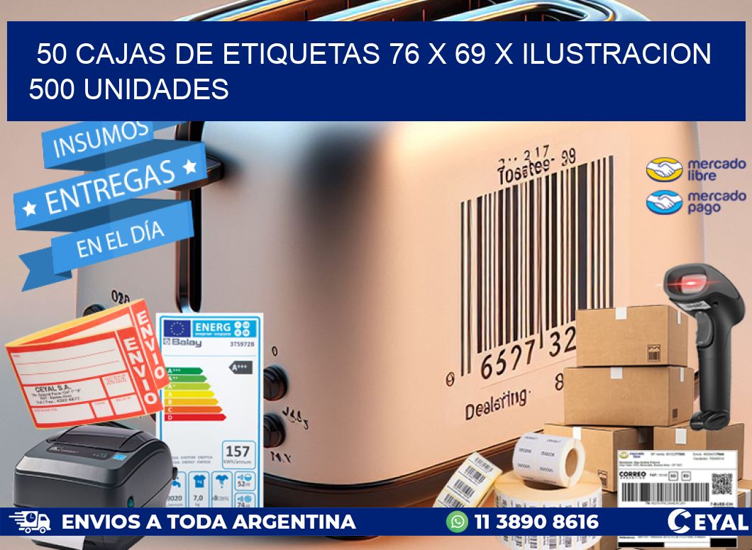 50 CAJAS DE ETIQUETAS 76 x 69 X ILUSTRACION 500 UNIDADES