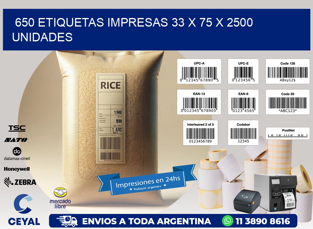 650 ETIQUETAS IMPRESAS 33 x 75 X 2500 UNIDADES