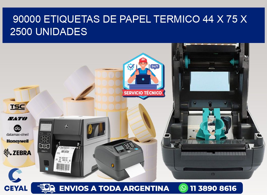 90000 ETIQUETAS DE PAPEL TERMICO 44 x 75 X 2500 UNIDADES