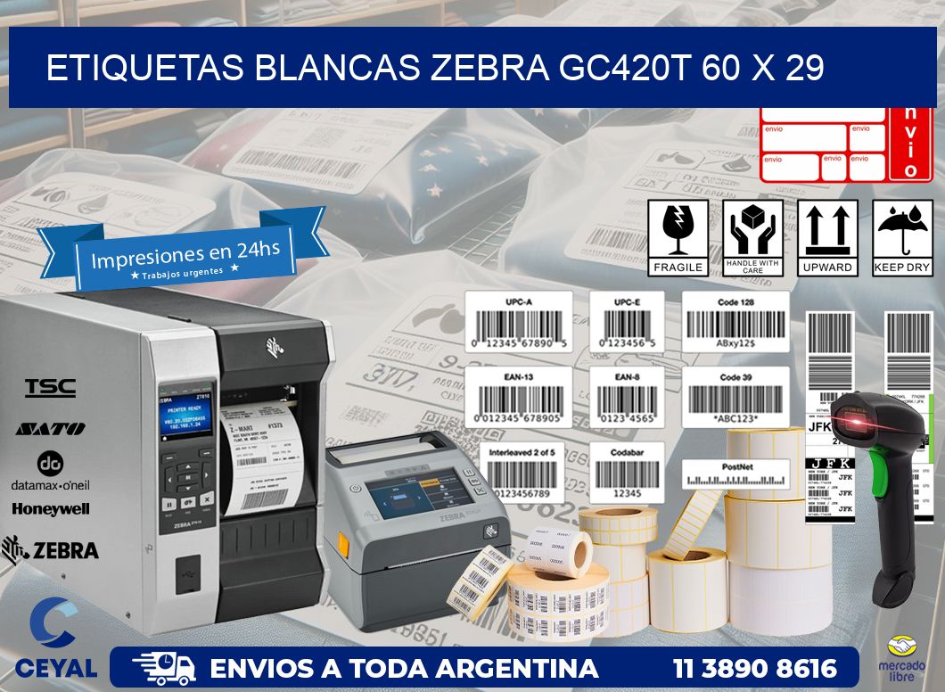 ETIQUETAS BLANCAS ZEBRA GC420T 60 x 29