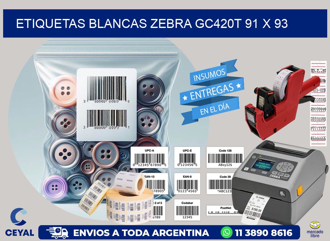 ETIQUETAS BLANCAS ZEBRA GC420T 91 x 93