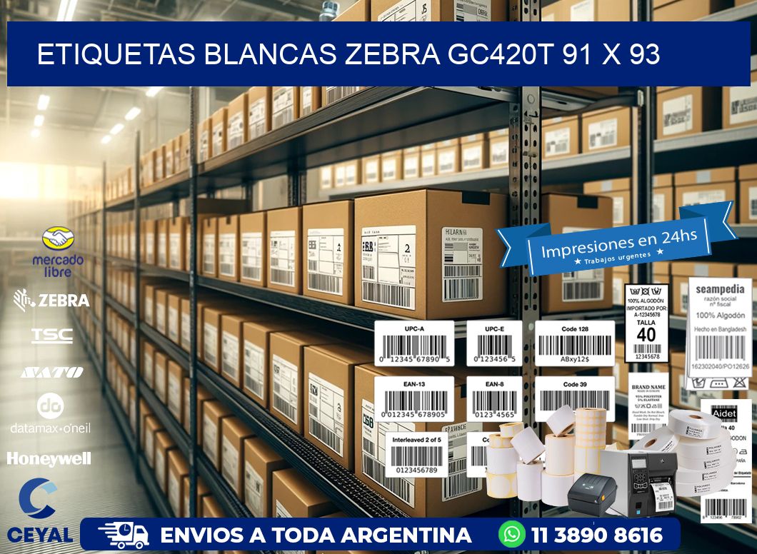 ETIQUETAS BLANCAS ZEBRA GC420T 91 x 93