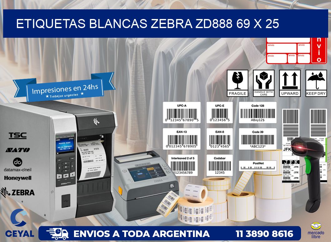 ETIQUETAS BLANCAS ZEBRA ZD888 69 x 25