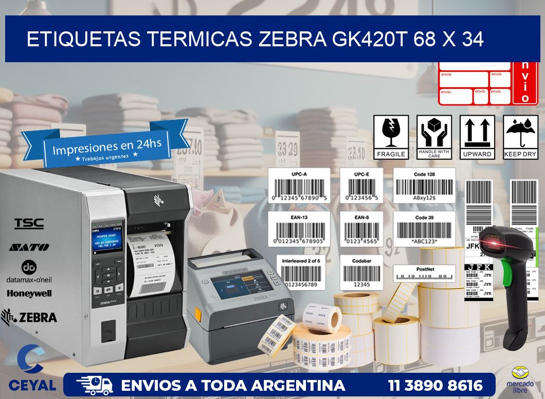 ETIQUETAS TERMICAS ZEBRA GK420T 68 x 34