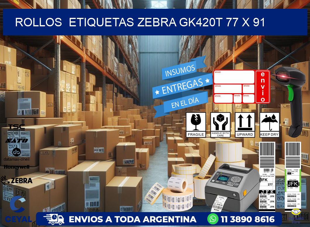 ROLLOS  ETIQUETAS Zebra GK420T 77 x 91
