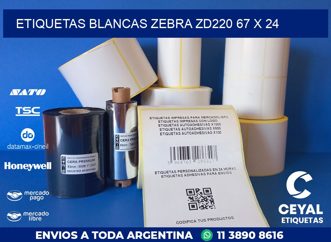 ETIQUETAS BLANCAS ZEBRA ZD220 67 x 24
