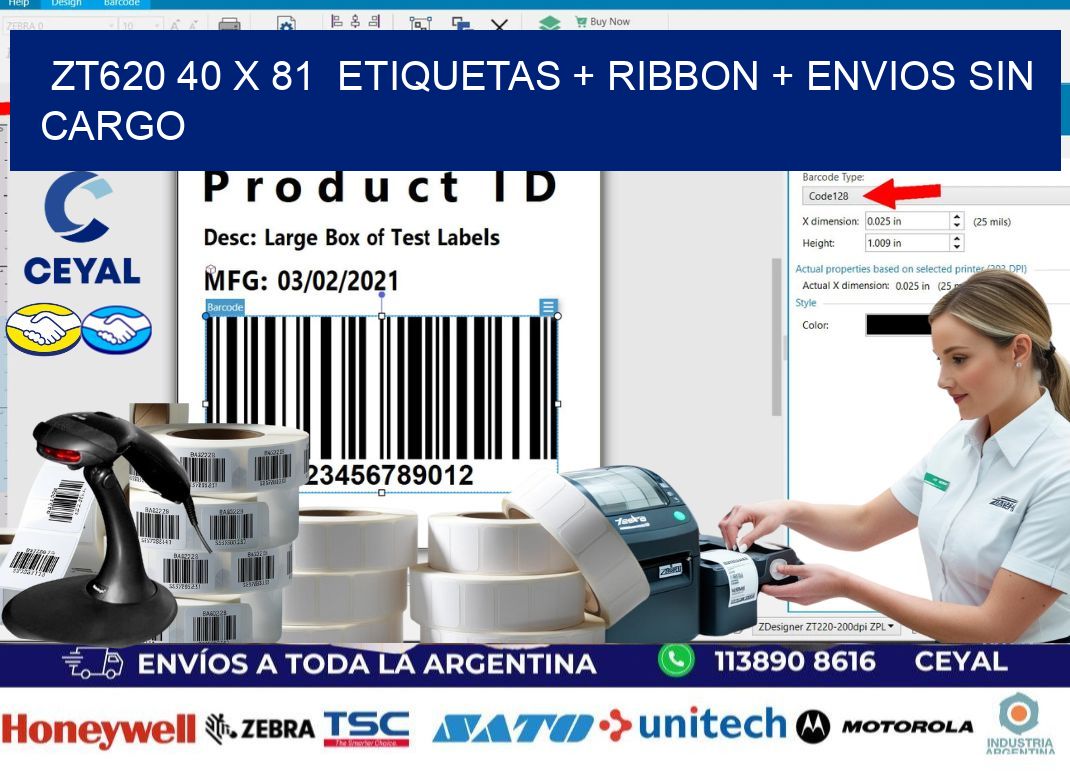 ZT620 40 x 81  etiquetas + ribbon + envios sin cargo