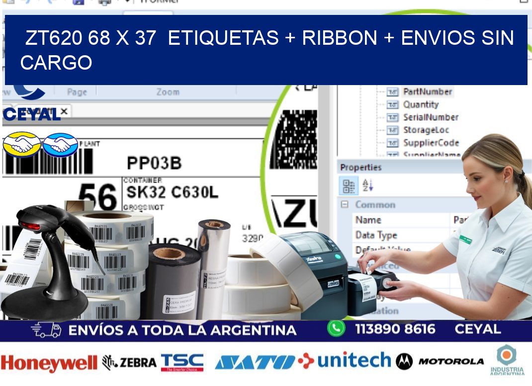 ZT620 68 x 37  etiquetas + ribbon + envios sin cargo