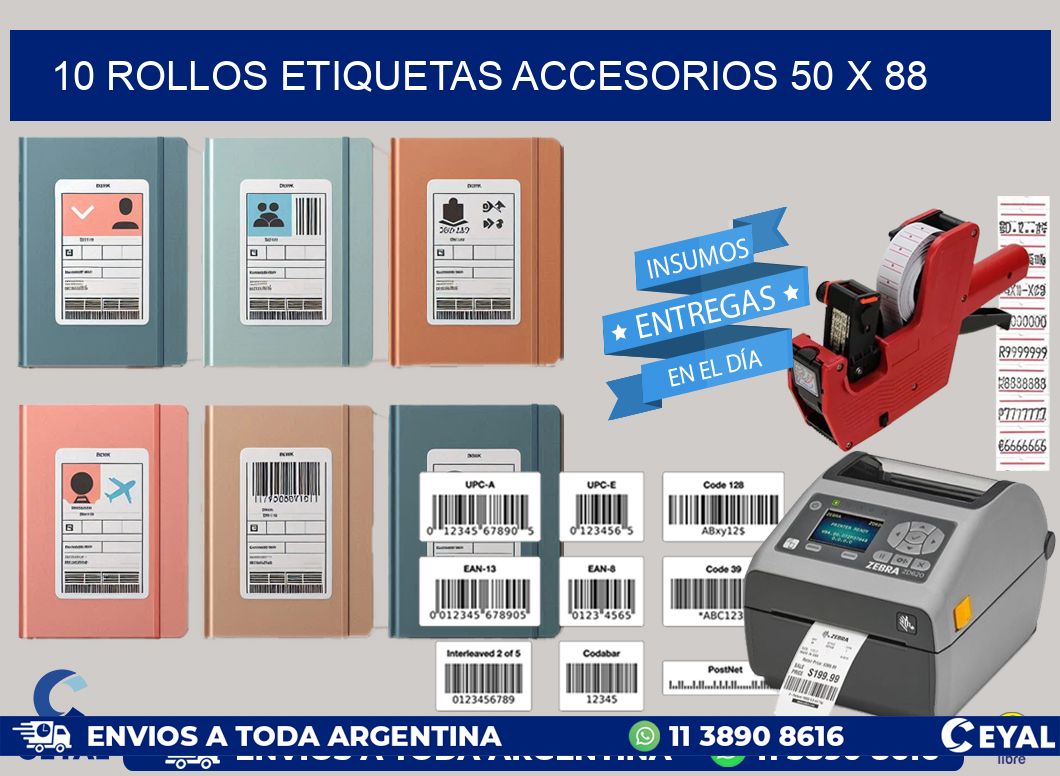 10 ROLLOS ETIQUETAS ACCESORIOS 50 x 88
