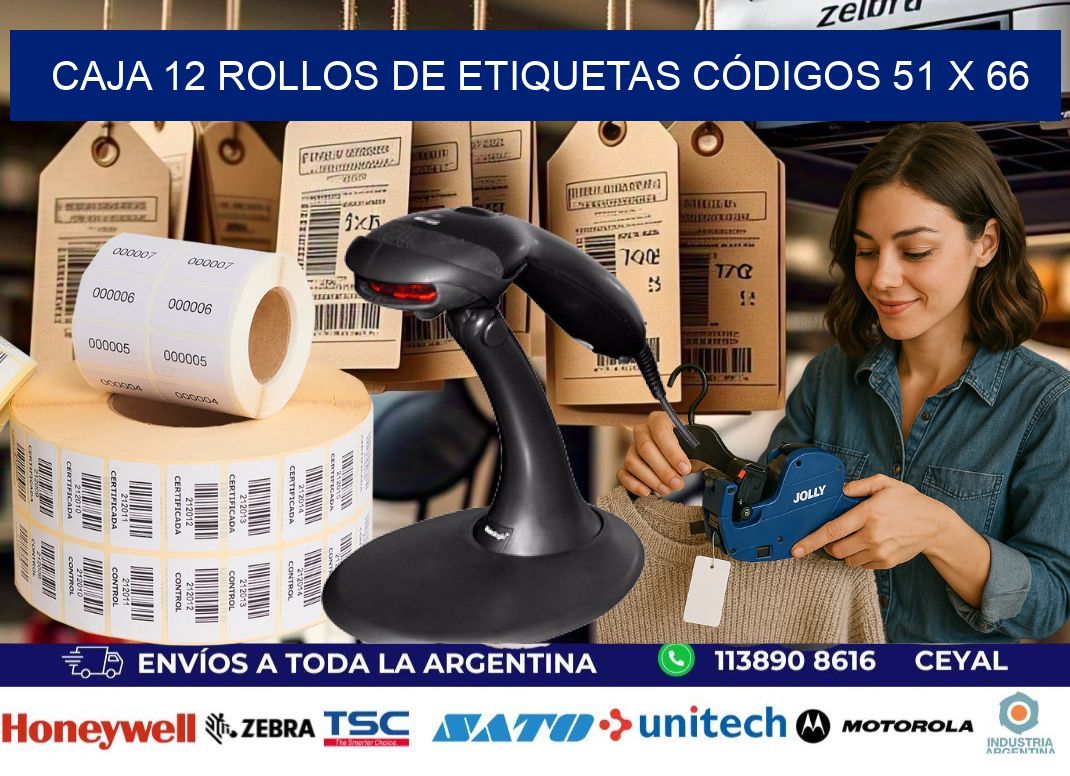 CAJA 12 ROLLOS DE ETIQUETAS CÓDIGOS 51 x 66