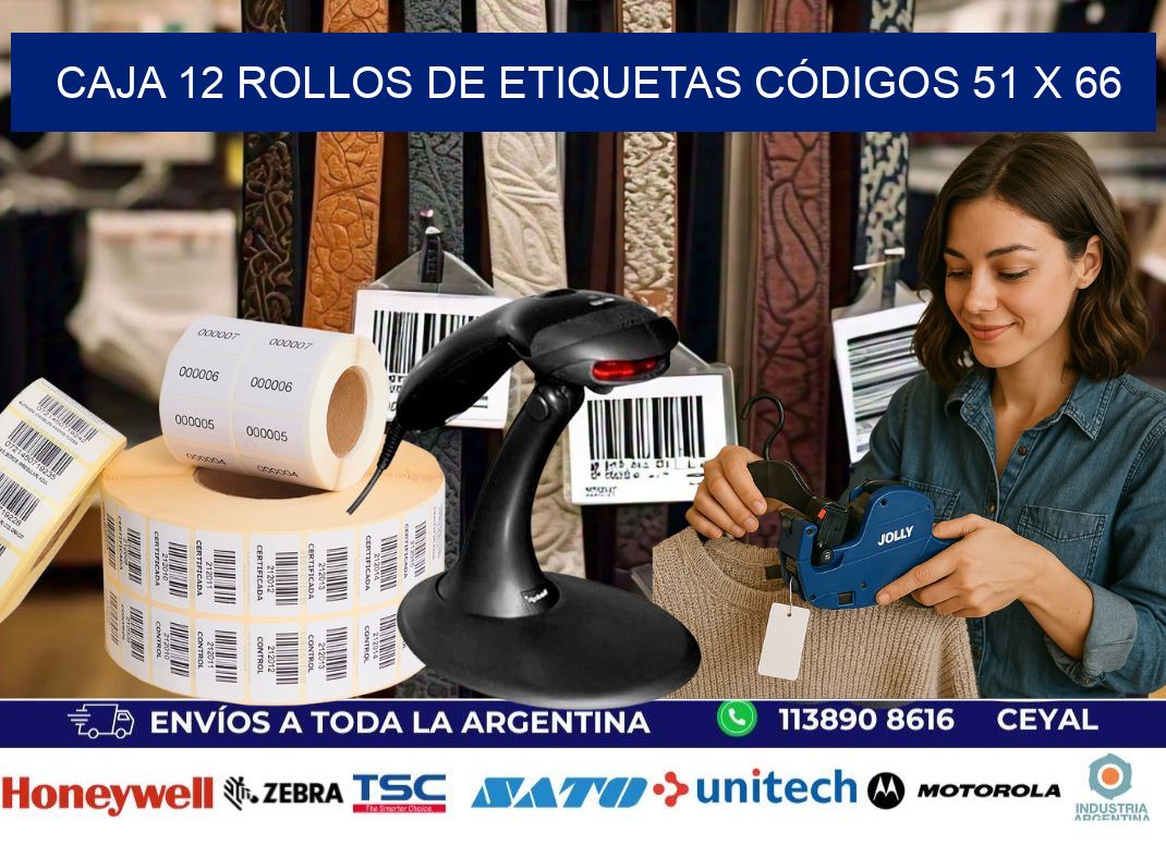 CAJA 12 ROLLOS DE ETIQUETAS CÓDIGOS 51 x 66