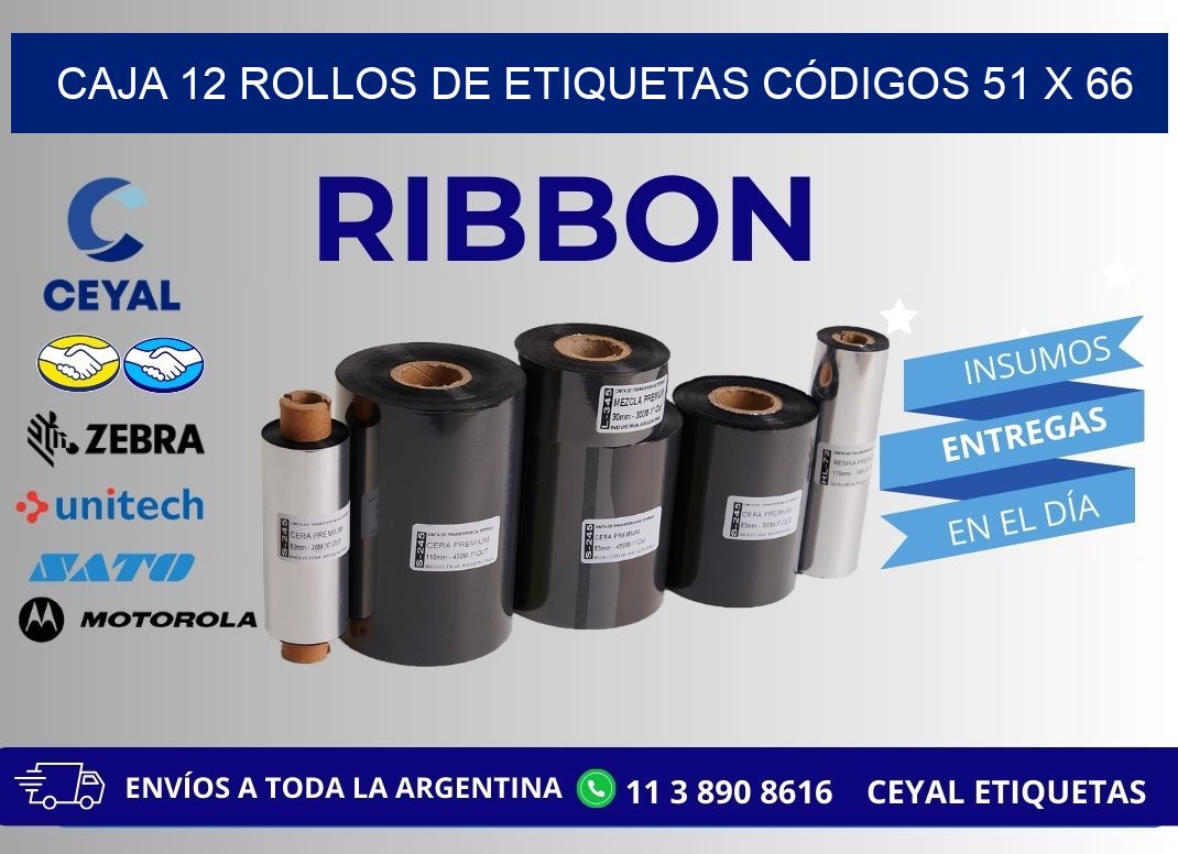 CAJA 12 ROLLOS DE ETIQUETAS CÓDIGOS 51 x 66