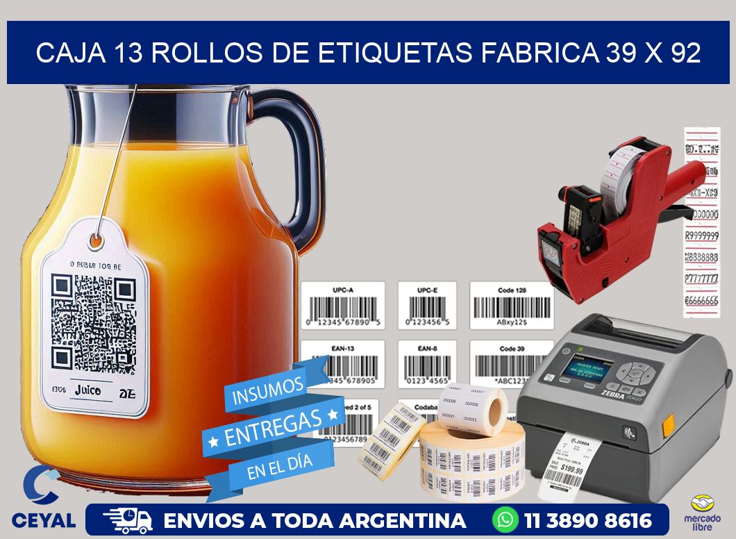 CAJA 13 ROLLOS DE ETIQUETAS FABRICA 39 x 92