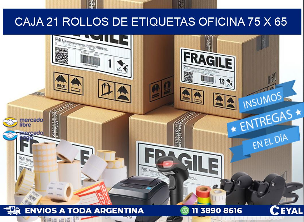 CAJA 21 ROLLOS DE ETIQUETAS OFICINA 75 x 65