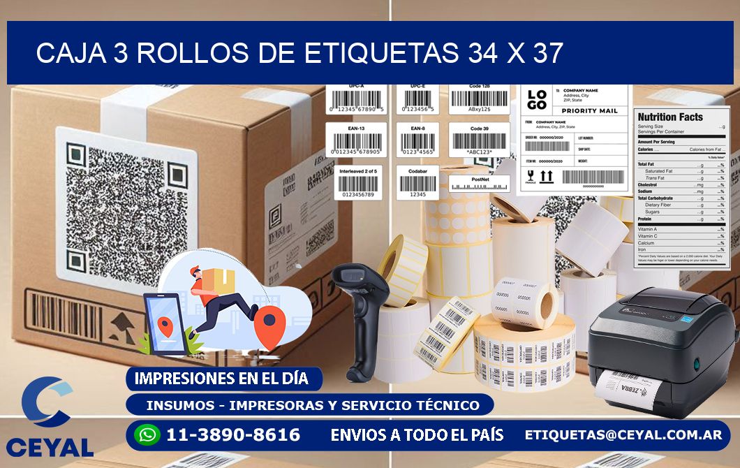 CAJA 3 ROLLOS DE ETIQUETAS 34 x 37
