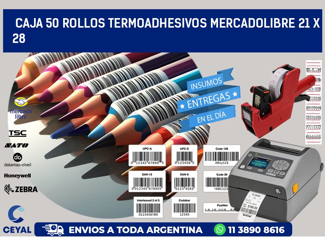 CAJA 50 ROLLOS TERMOADHESIVOS MERCADOLIBRE 21 x 28