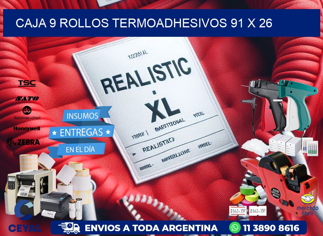 CAJA 9 ROLLOS TERMOADHESIVOS 91 x 26