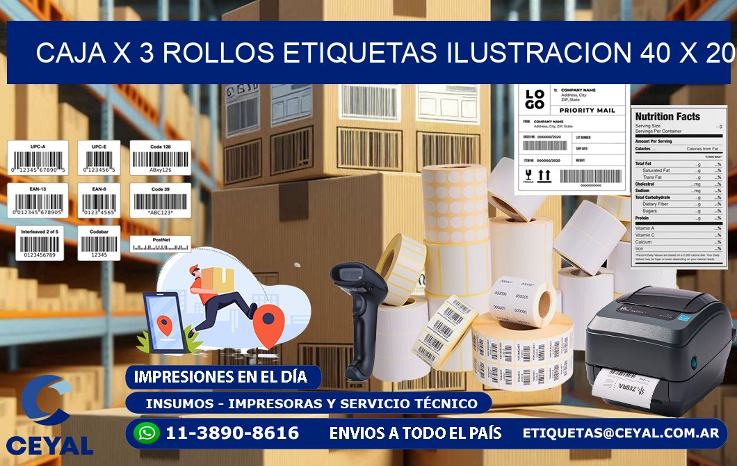Caja X 3 Rollos Etiquetas Ilustracion 40 x 20