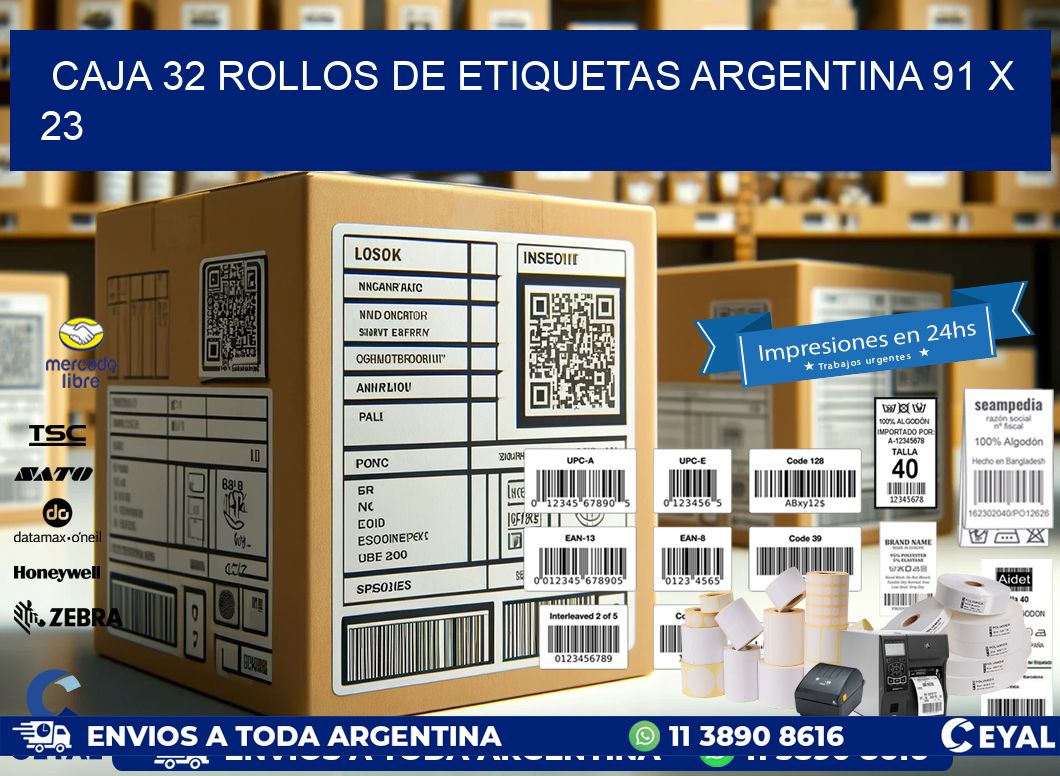 CAJA 32 ROLLOS DE ETIQUETAS ARGENTINA 91 x 23