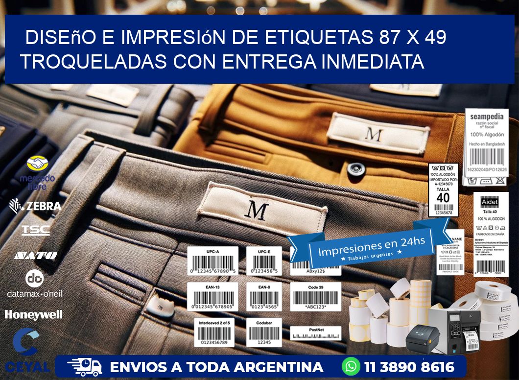 Diseño e impresión de etiquetas 87 x 49 troqueladas con entrega inmediata
