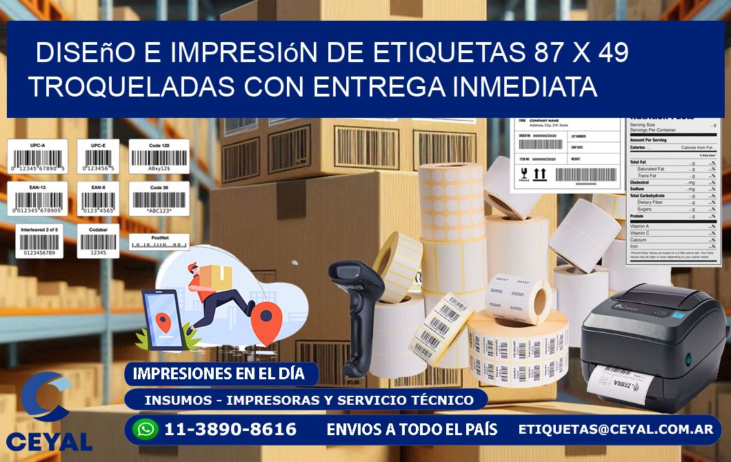 Diseño e impresión de etiquetas 87 x 49 troqueladas con entrega inmediata