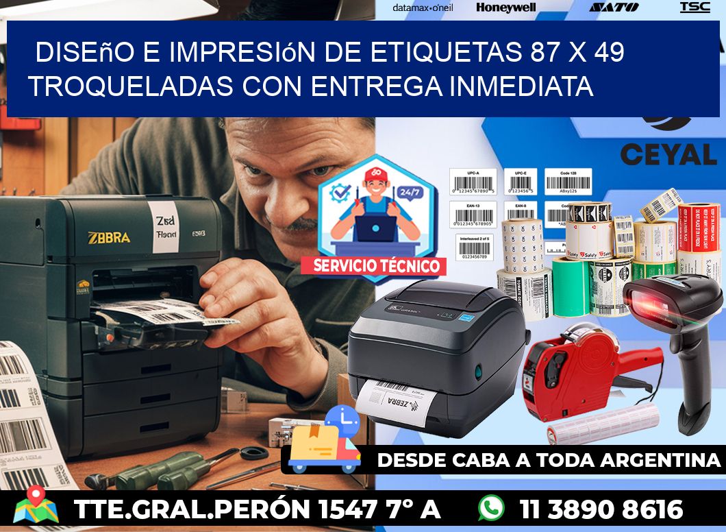 Diseño e impresión de etiquetas 87 x 49 troqueladas con entrega inmediata