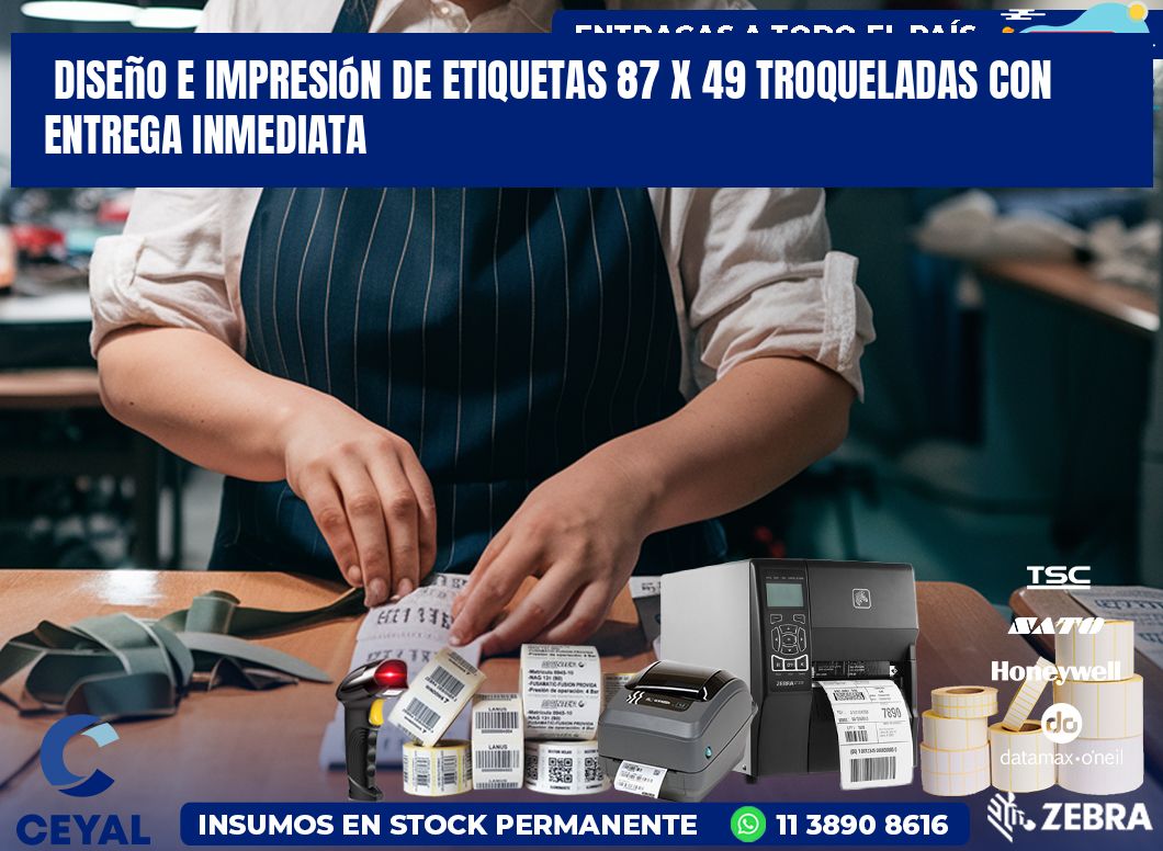 Diseño e impresión de etiquetas 87 x 49 troqueladas con entrega inmediata
