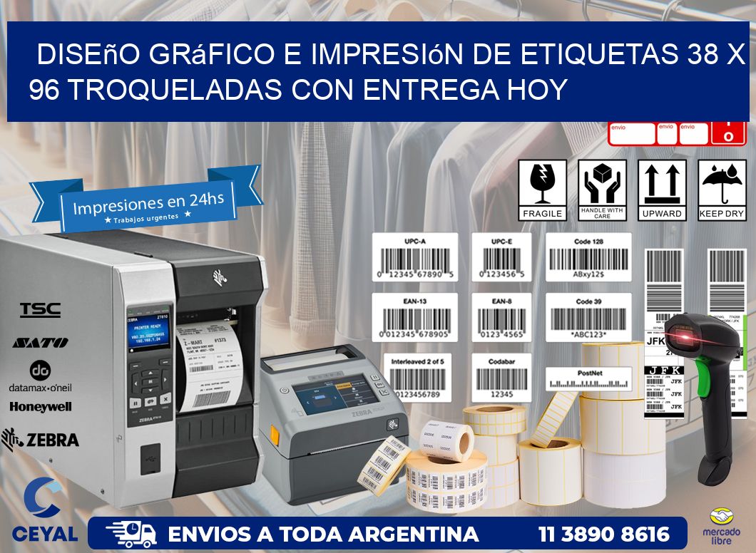 Diseño gráfico e impresión de etiquetas 38 x 96 troqueladas con entrega hoy