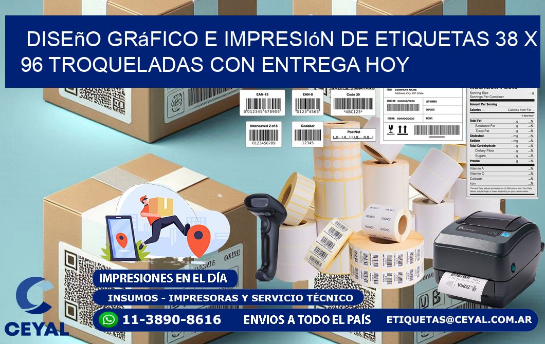 Diseño gráfico e impresión de etiquetas 38 x 96 troqueladas con entrega hoy