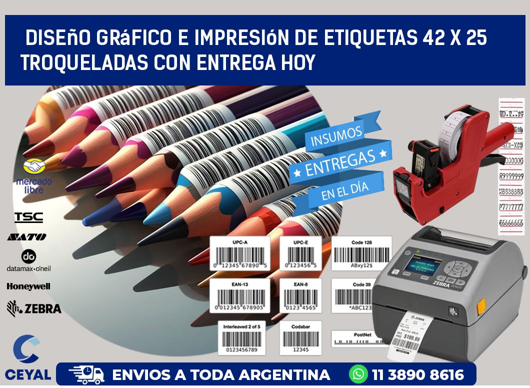 Diseño gráfico e impresión de etiquetas 42 x 25 troqueladas con entrega hoy