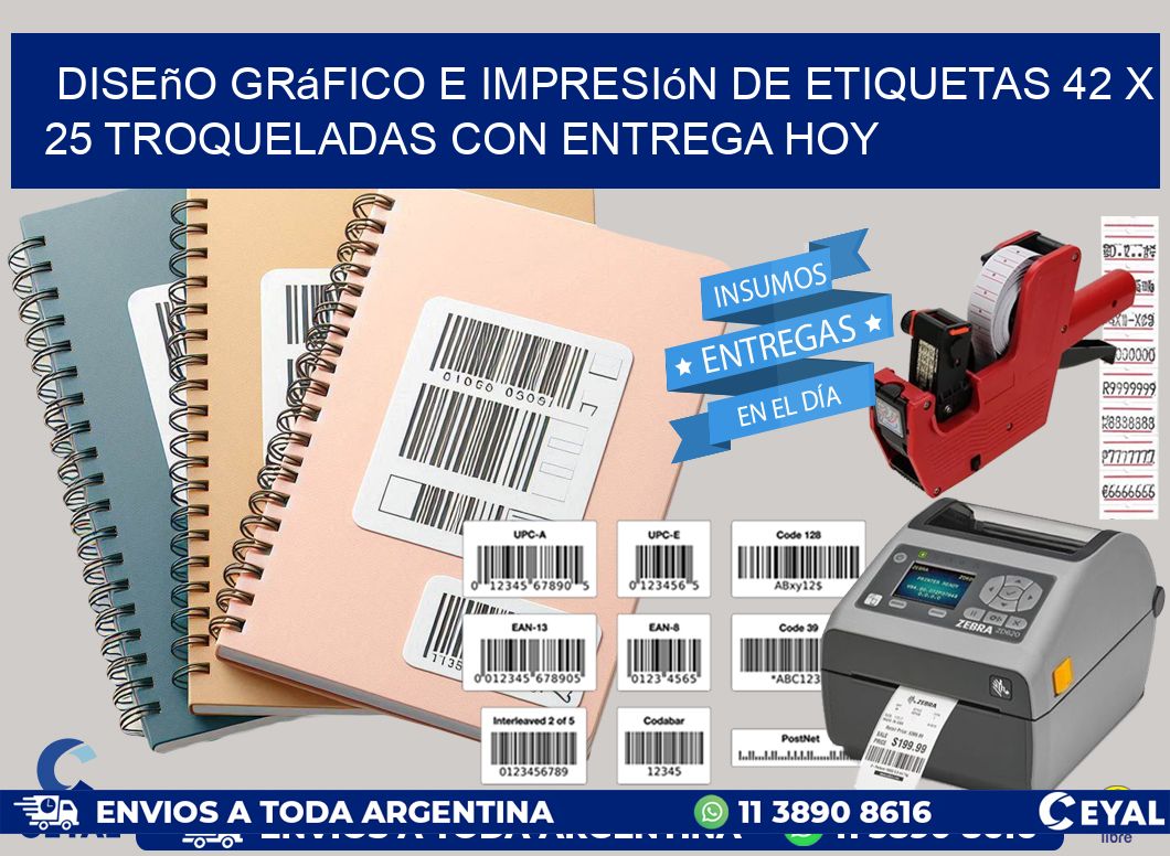 Diseño gráfico e impresión de etiquetas 42 x 25 troqueladas con entrega hoy