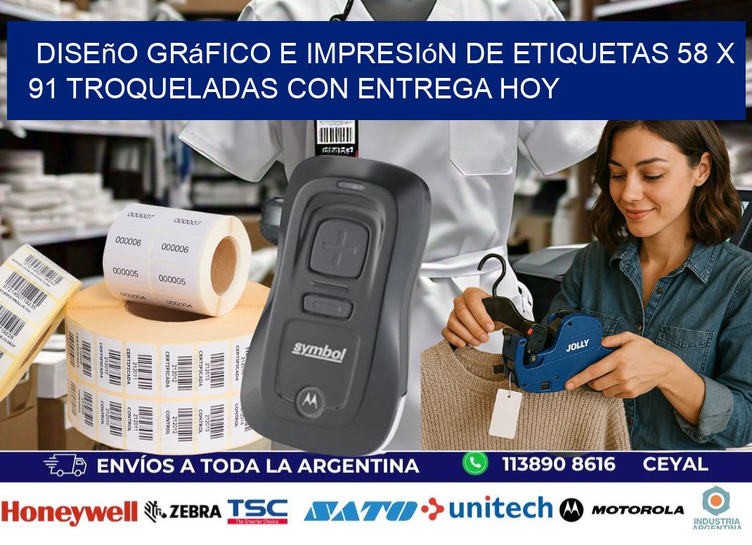 Diseño gráfico e impresión de etiquetas 58 x 91 troqueladas con entrega hoy