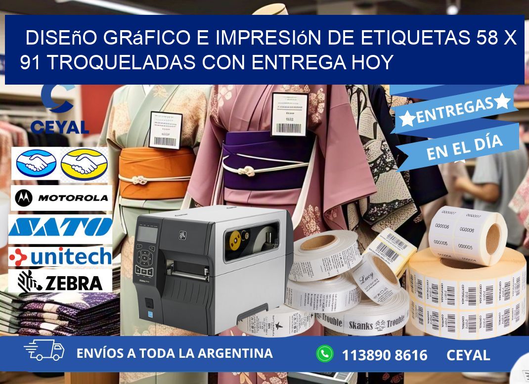Diseño gráfico e impresión de etiquetas 58 x 91 troqueladas con entrega hoy
