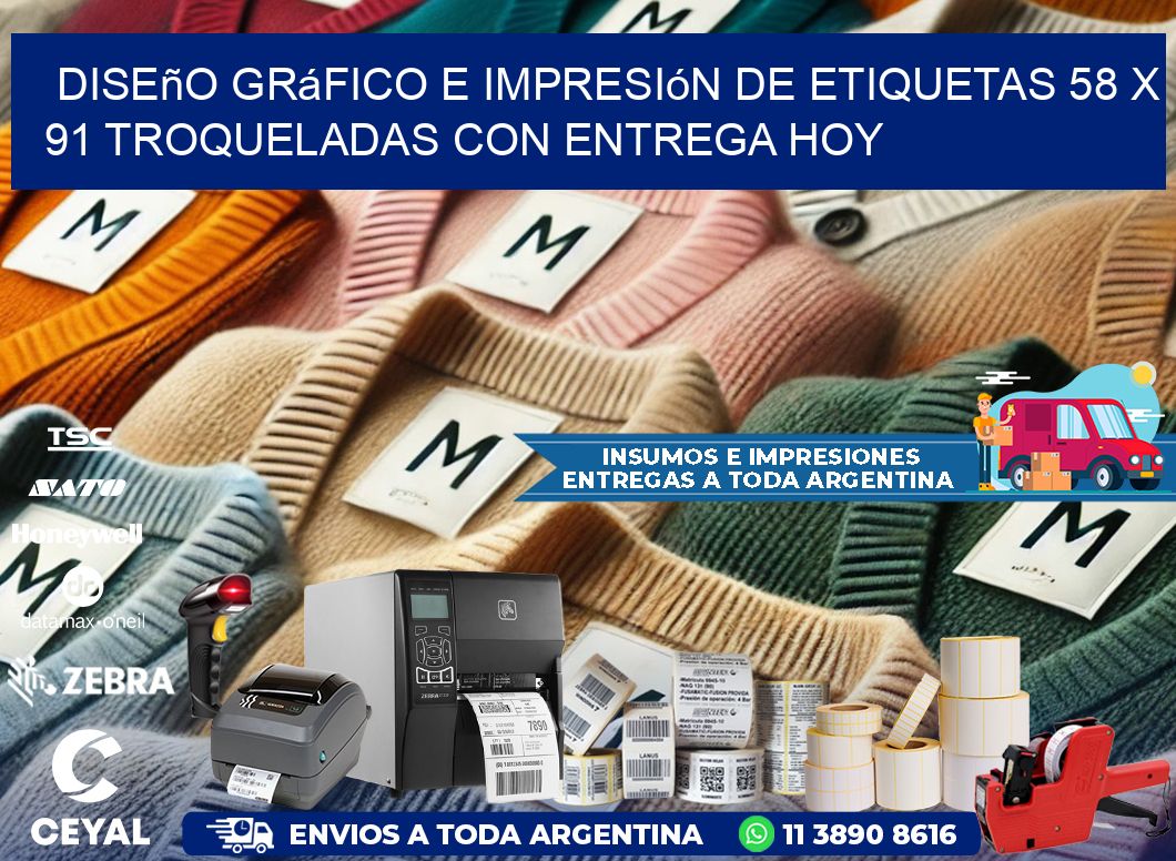 Diseño gráfico e impresión de etiquetas 58 x 91 troqueladas con entrega hoy