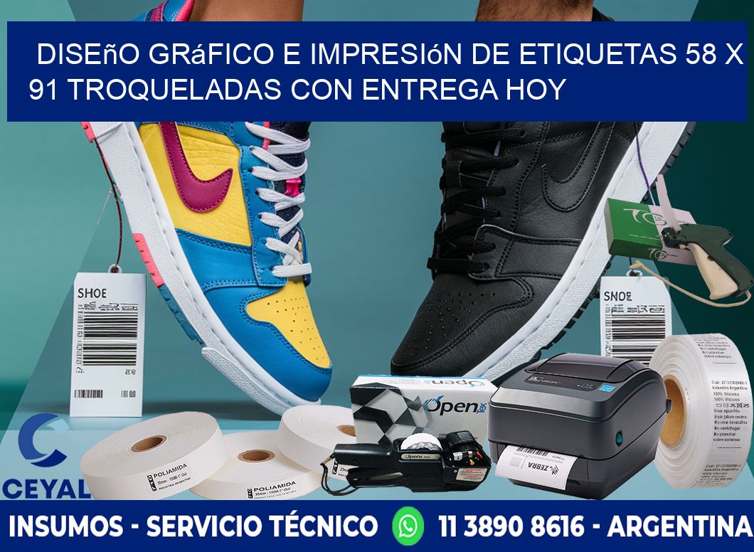 Diseño gráfico e impresión de etiquetas 58 x 91 troqueladas con entrega hoy