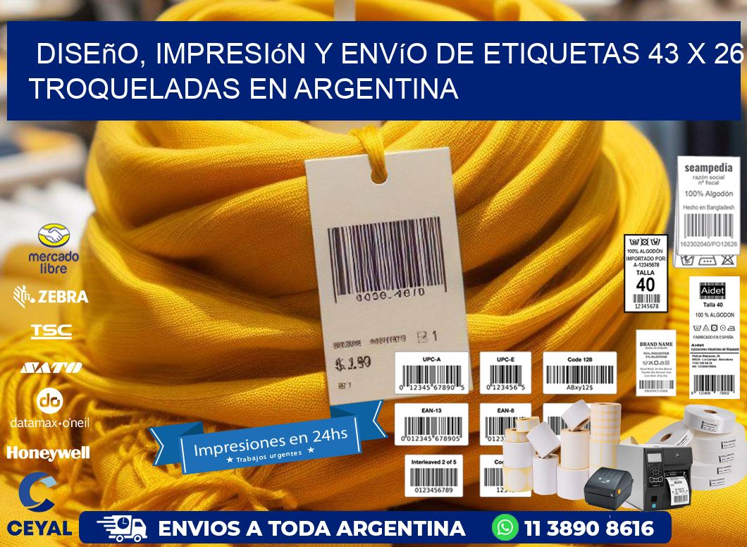 Diseño, impresión y envío de etiquetas 43 x 26 troqueladas en Argentina