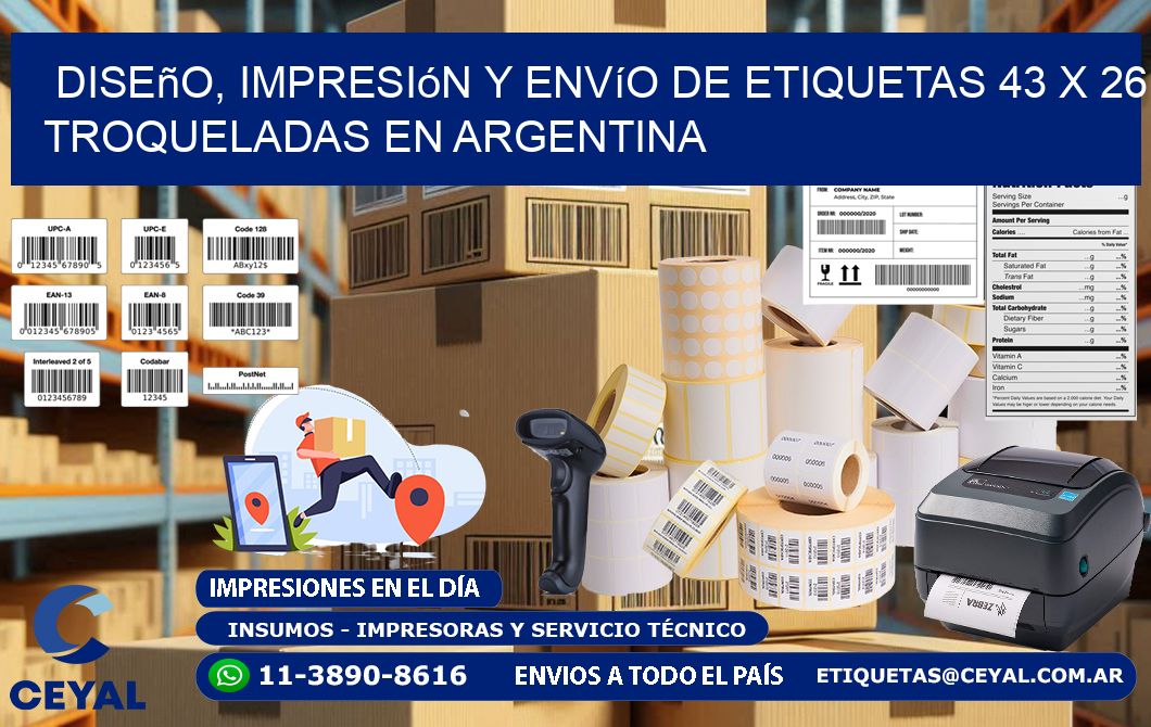 Diseño, impresión y envío de etiquetas 43 x 26 troqueladas en Argentina