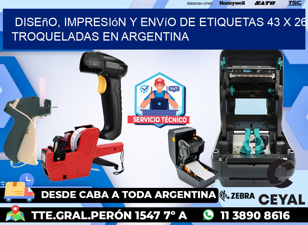 Diseño, impresión y envío de etiquetas 43 x 26 troqueladas en Argentina